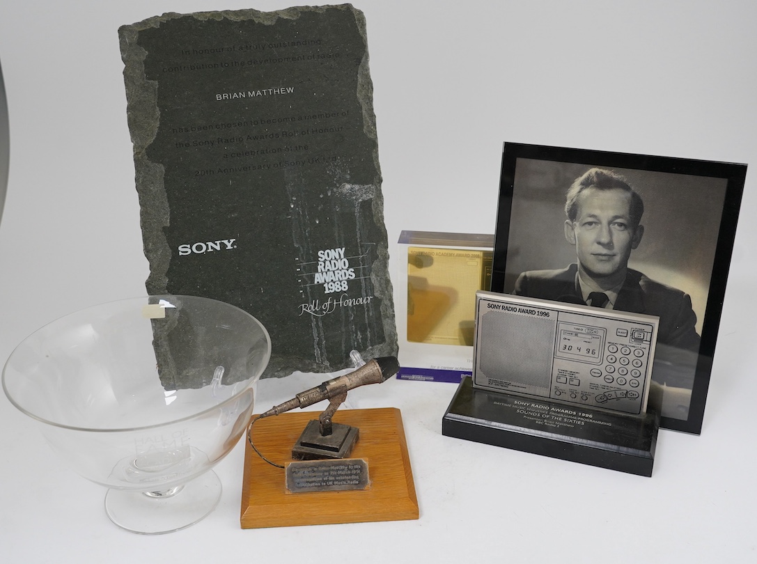 Five radio awards presented to Brian Matthew including; three Sony Radio Awards for 1988, 1996 and 2008, a glass pedestal bowl etched with the Radio Academy Hall of Fame Brian Matthew, and a Radio Academy recognition of